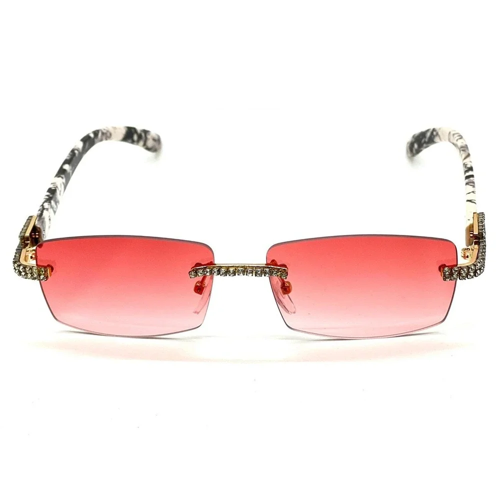 Rimless Sunglasses Red Lens Rhinestone Accents Fashion Shades Men Hip Hop Trendy